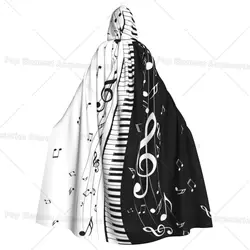 Abstract Piano Keys with Musical Notes Long Hooded Cloak Witch Medieval Costume Cosplay Cape Halloween Party Adult Unisex