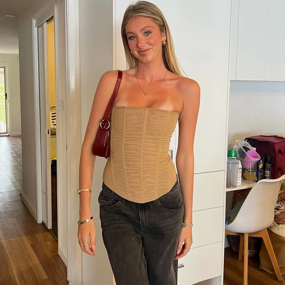 Talenza Summer Mesh Camisole Women Sexy Strapless Solid Slim Tank Top Vintage Y2k Party Hot Girls  Female Camis Top T-Shirt 2025