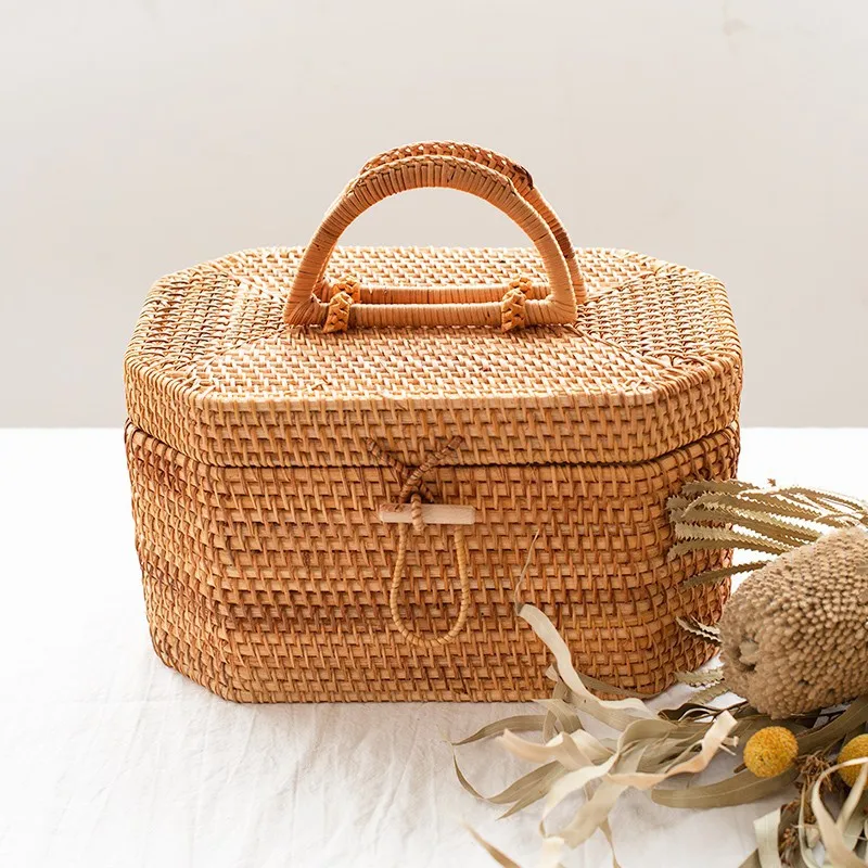 Octagon Rattan Woven Picnic Basket Handmade Nostalgics Crane Camping Storage Box Outdoor Organizer for Snack Dessert Beverage