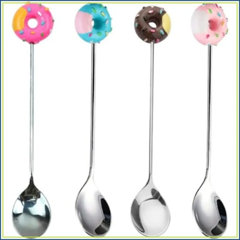 Cucharas agitadoras de acero inoxidable, lindas cucharas de café con forma de donut para helado, té y azúcar, mini agitadores de postre con forma de donut, cucharas mezcladoras para utensilios de mesa y cocina (paquete de 4)