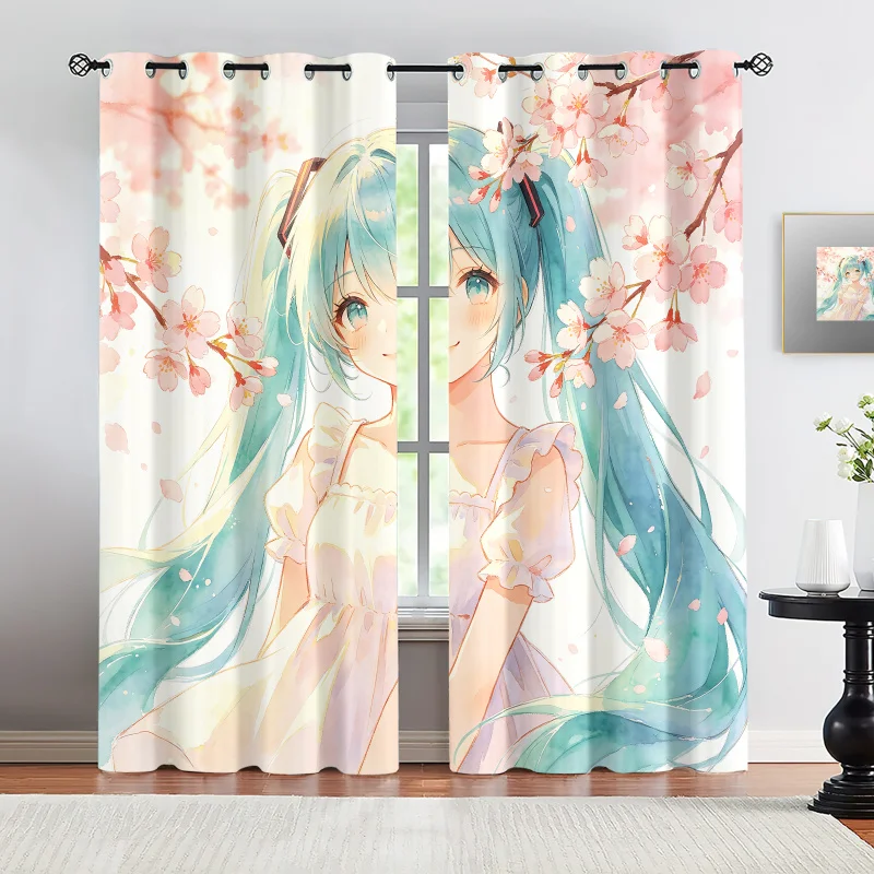 2Pcs Hatsune Miku Sakura Cherry Blossom Blackout Curtains Anime Watercolor Window Drapes Fan Room Esport Room Trendy Decor Gift