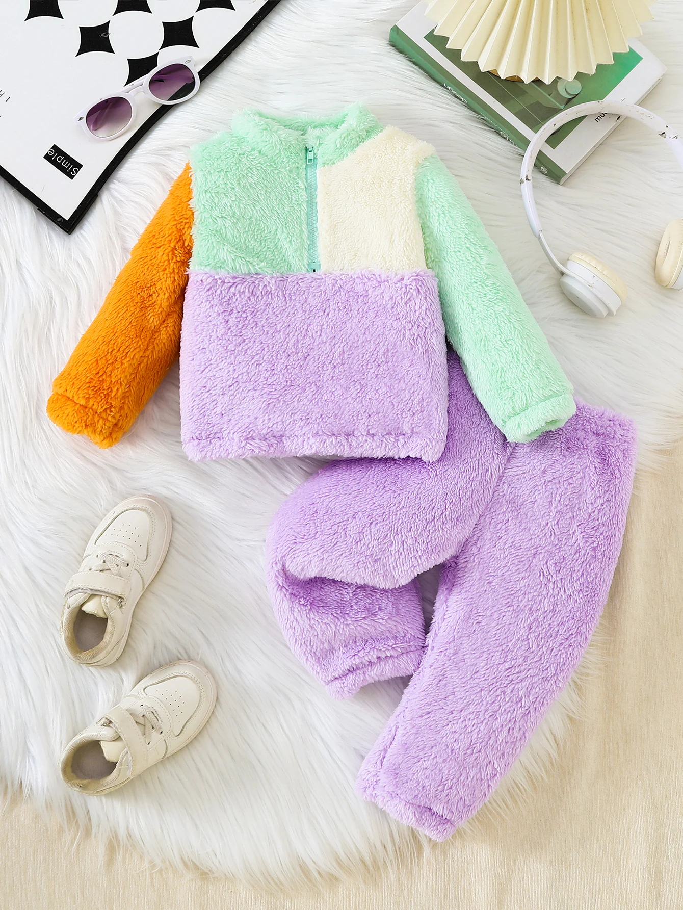 6M-3Y Baby Girls 2 Piece Plush Outfit Color Block Half Zip Sherpa Top Purple Fuzzy Pants Soft Warm Toddler Winter Clothing Set