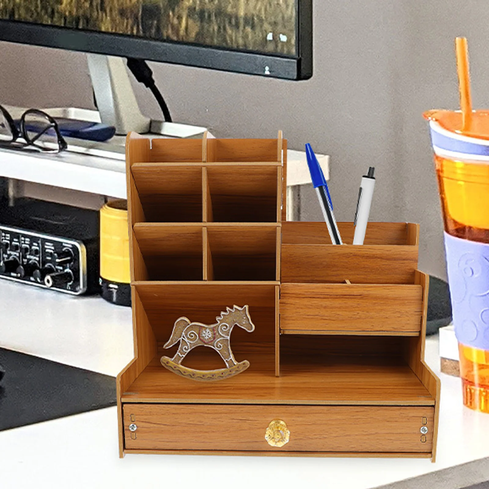 

Cherry Wood Wooden Desktop Organizer Pen Holder Large Capacity Multifunctional Stationery Box for Office Desk Art Supplies