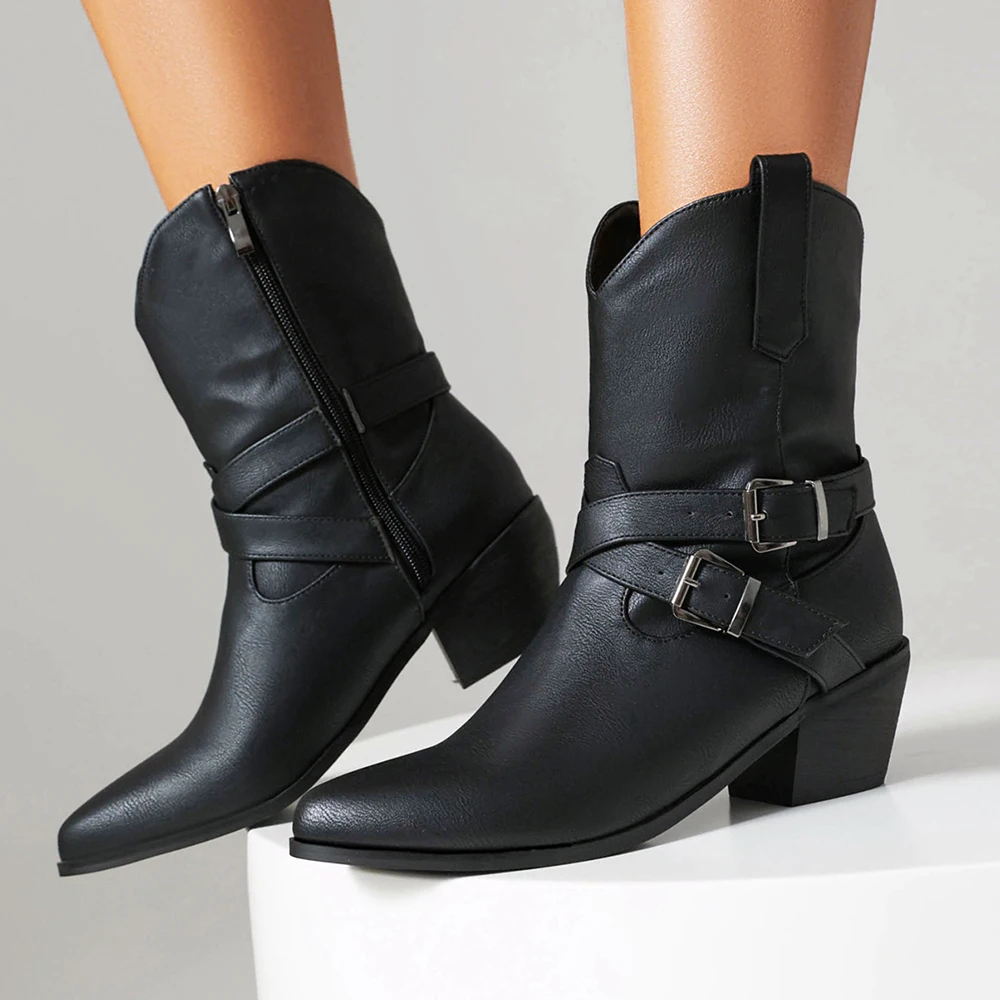 Plus Size 43 Ladies cowboy boots Chunky High Heels Pointed Toe Buckle Ankle Boots Women cossacks botas Autumn Winter Woman shoes