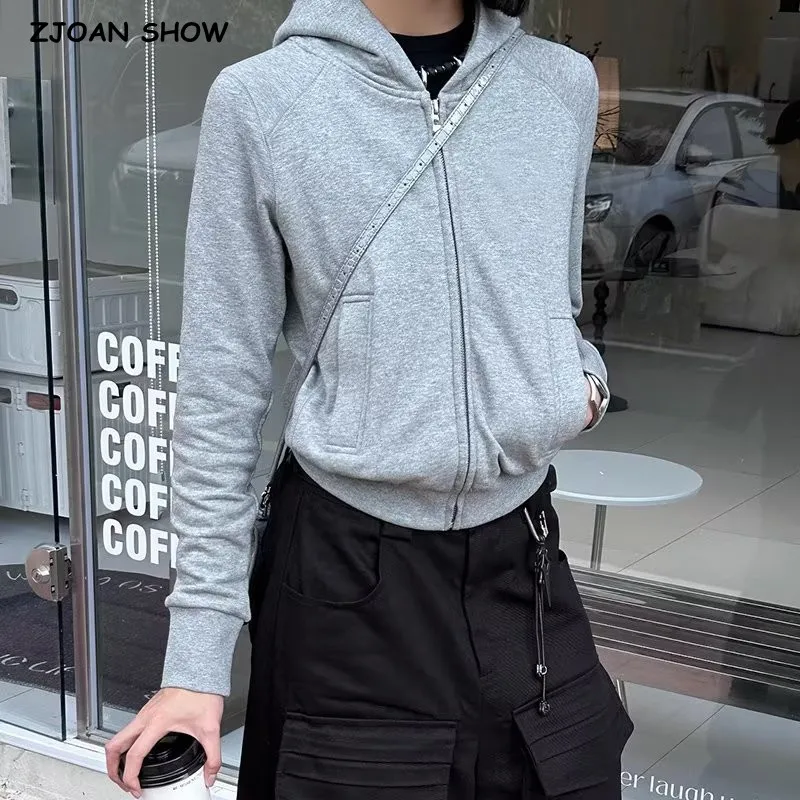 

Harajuku Open Zipper Hooded Sweatshirt With Fleece Women Cropped Hoodies Casual Jumper Short Sweats Gray Black Pink