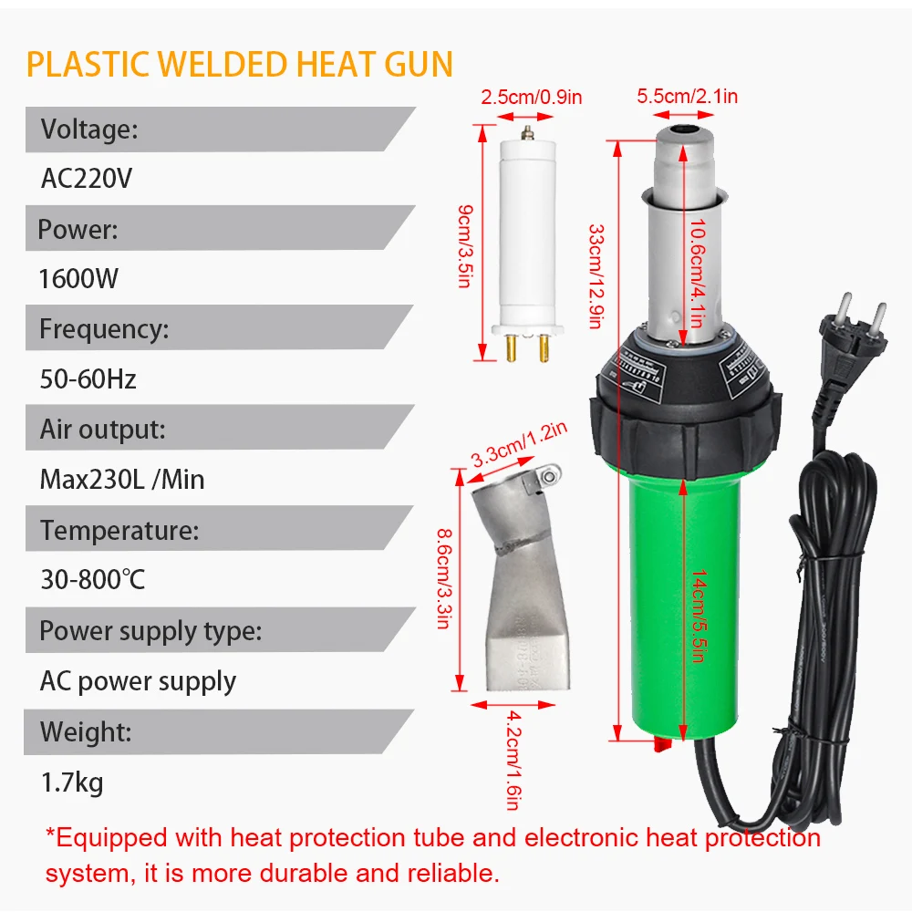 AC220V 1600W Plastic Welding Gun Machine Electric Hot Air Gun Plastic Welding Torch + Heating Core + Flat Head Accessories