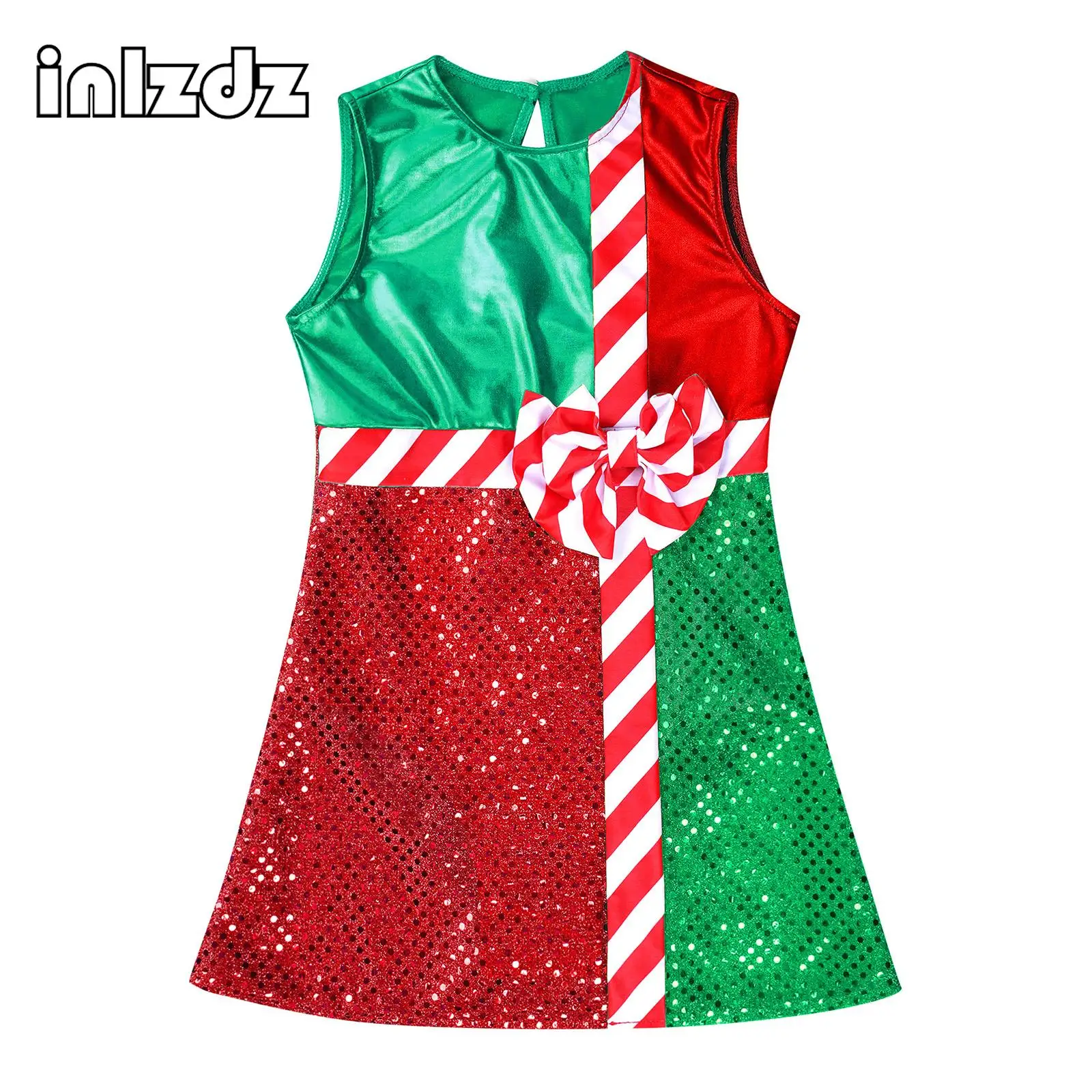 

New Kids Girls Christmas Dress Up Jumpsuit Striped Color Block Sleeveless Shiny Layer Skirt Jumpsuit Stage Performance Dancewear
