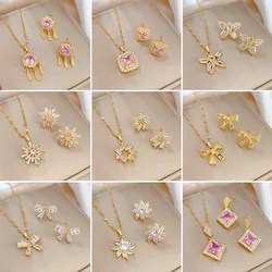 Luxury Crystal Flower Star Bowknot Butterfly Stud Earrings Necklace Set for Women Waterdrop Angel Stainless Steel Jewelry Sets