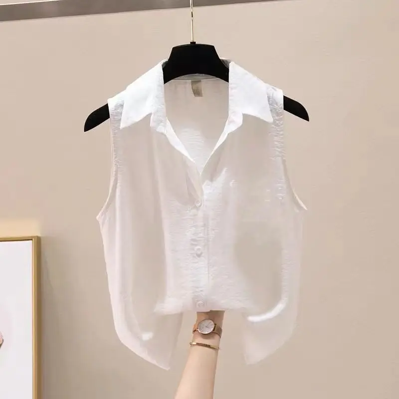 Summer New Sleeveless All-match Tops Tees Polo Neck Solid Color Simplicity Fashion Basic T Shirts Vintage Office Women Clothing