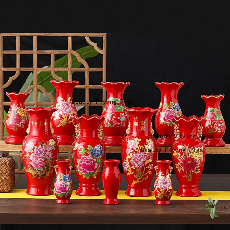 2pcs 6 Inches Jingdezhen Ceramic Vase Chinese Red Wedding and Housewarming High-end Living Room Decoration Ornaments