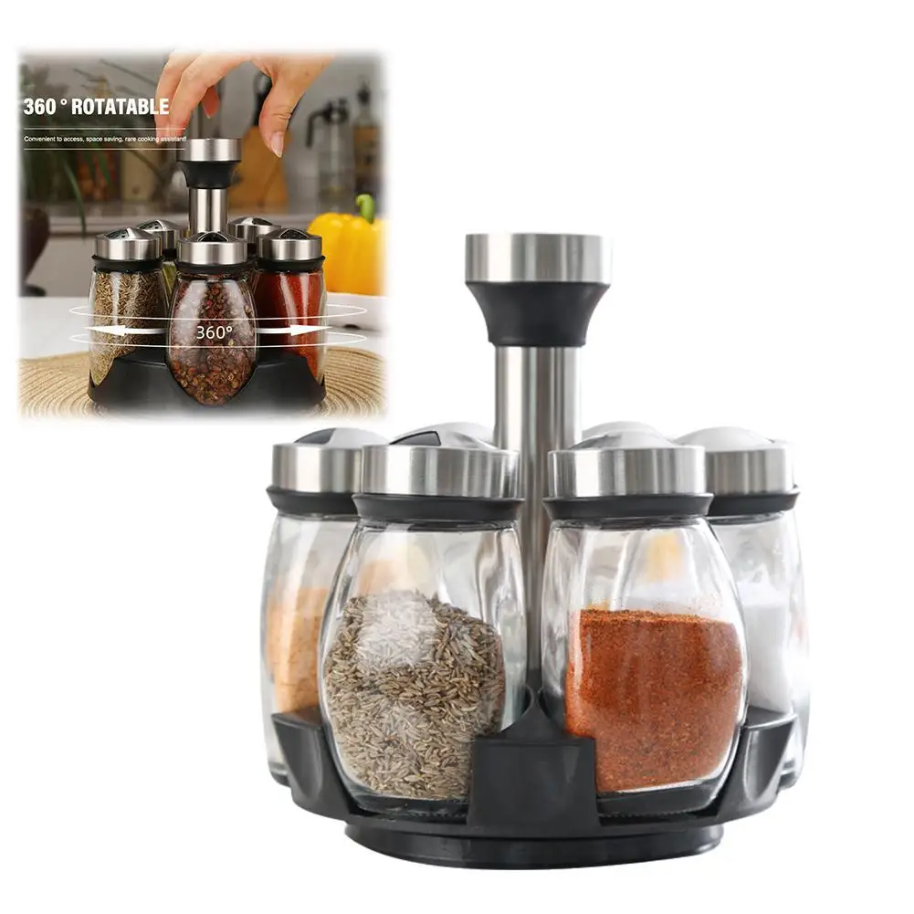 6-Jar Revolving Spice Rack Seasoning Jar Combination Set Rotating Base Seasoning Bottle Spice Storage Container