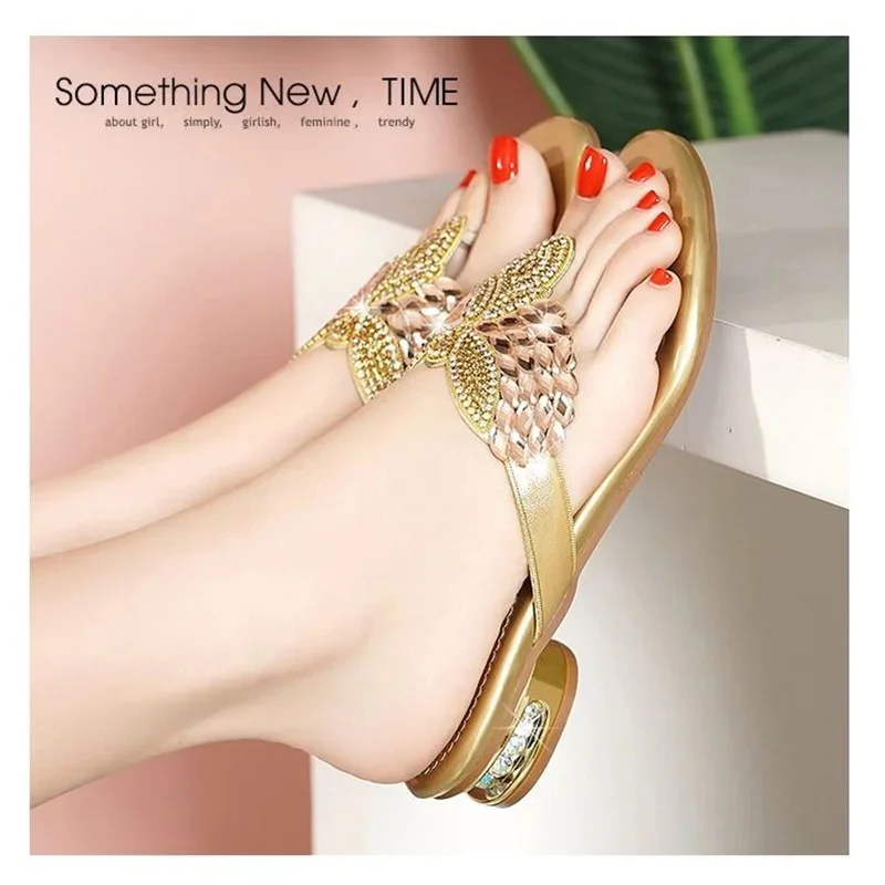 Chanclas de verano informales para mujer, zapatos cómodos con diseño de diamantes de imitación de cristal, sandalias de cuero sexys a la moda