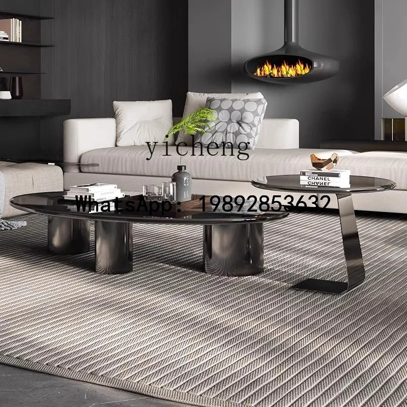 

B-3 minimalist small apartment oval gray tempered glass coffee table stainless steel round modern simplicity table