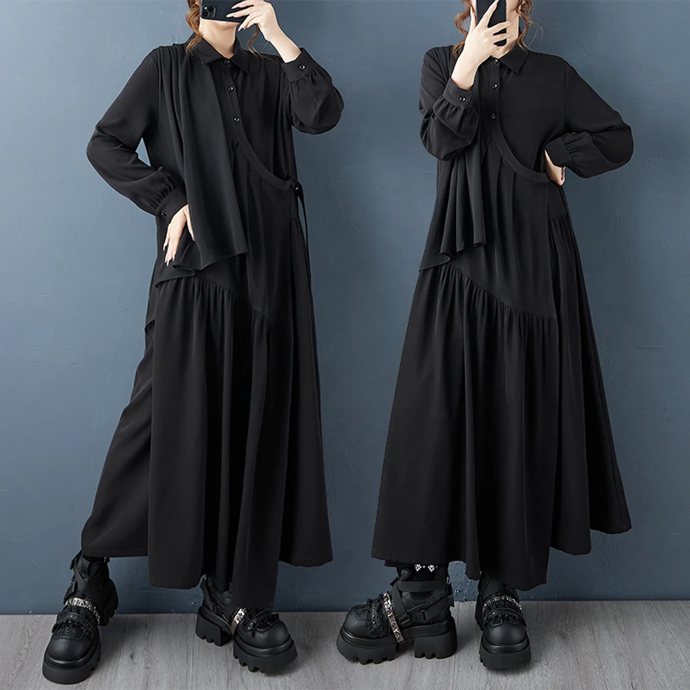 NYFS 2025 Herbst Neue Lose plus Größe Vintage Patchwork Hemd Kleid Robe Langarm frauen Kleider