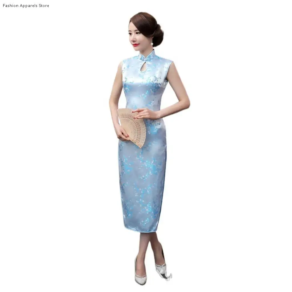 

Удобные платья Cheongsam с цветочным принтом, винтажные облегающие платья в китайском стиле с воротником-стойкой, без рукавов, китайское вечерние Ципао