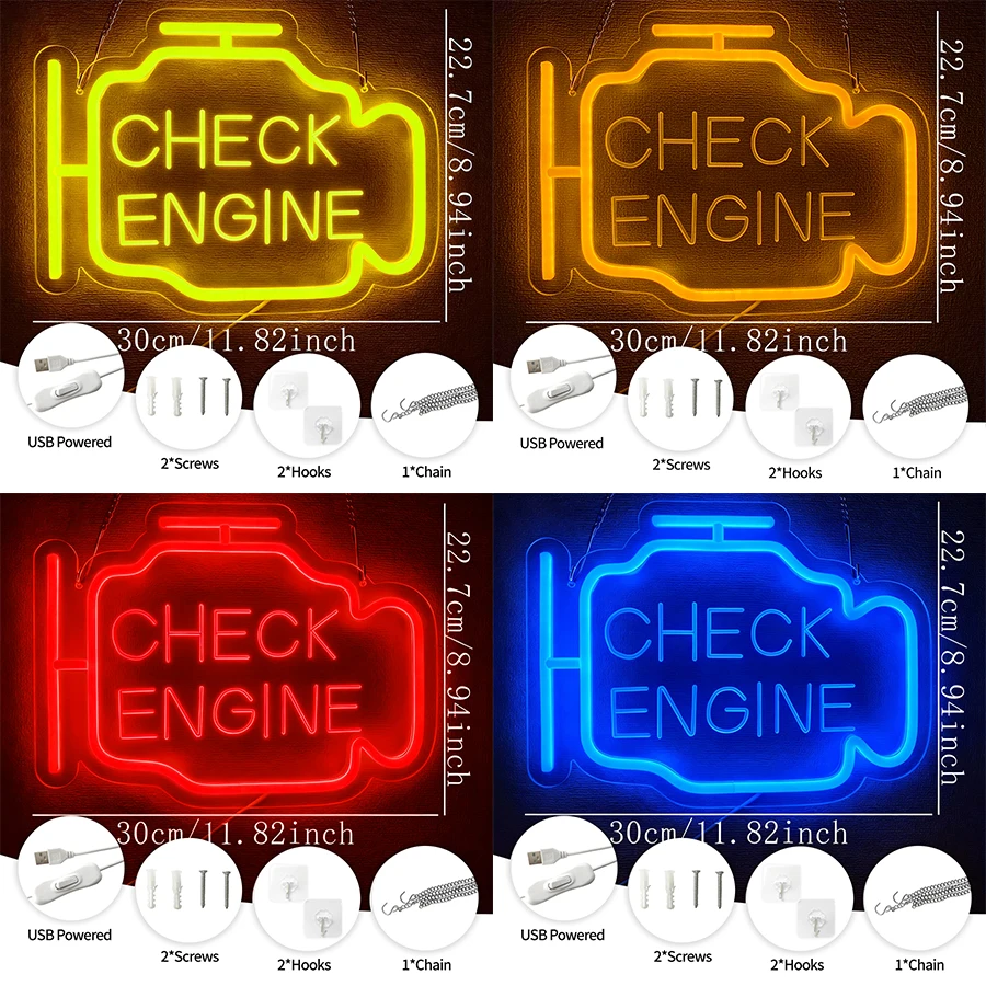 Check Engine Neon Sign, Led Garage Sign Dad Wall Art Gift, Man Cave, Auto Repair Shop, Bedroom, Workshop, Party, Bar Decor.