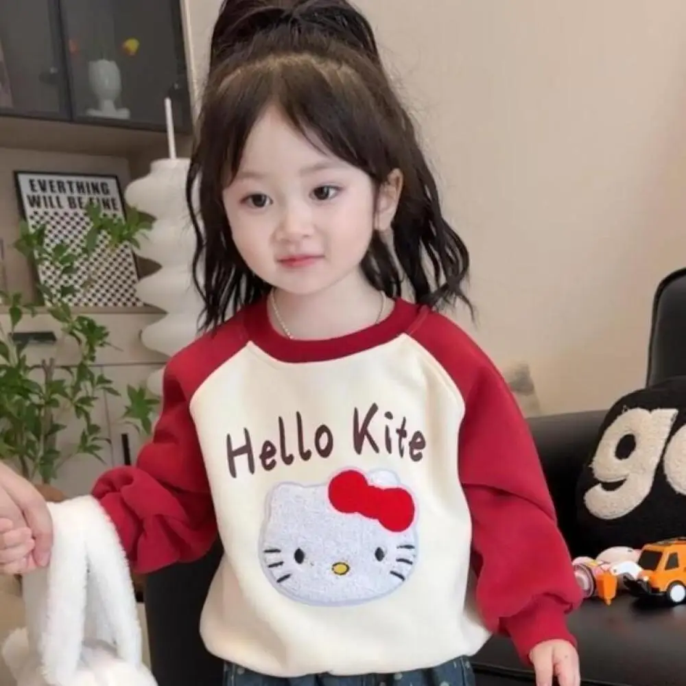 

Спортивный комплект Sanrio Hello Kitty для девочек, детский свитер, джинсы, весенне-осенний свободный топ с круглым вырезом и рисунком, брюки в горошек