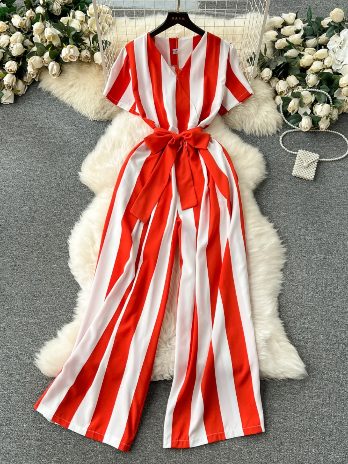 

Women's One-Piece Jumpsuit Color Blo Striped Waist Cinching Long Wide Leg Pants Trendy Design Low Waist Fabric Content