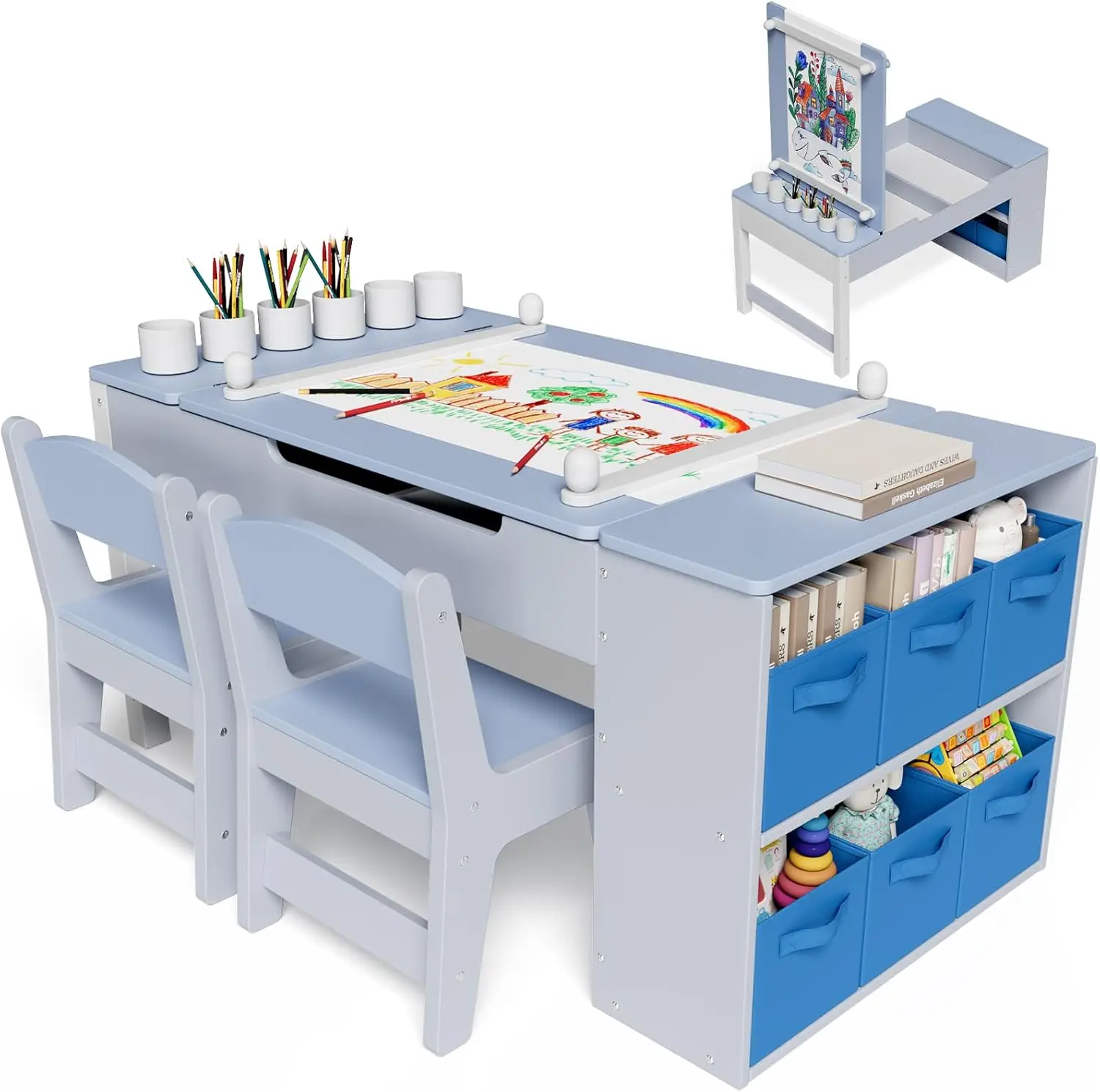 Mesa infantil con 2 sillas, grupo de asientos para niños con espacio de almacenamiento, mesa de pintura, escritorio, mesa de juego artesanal Madera