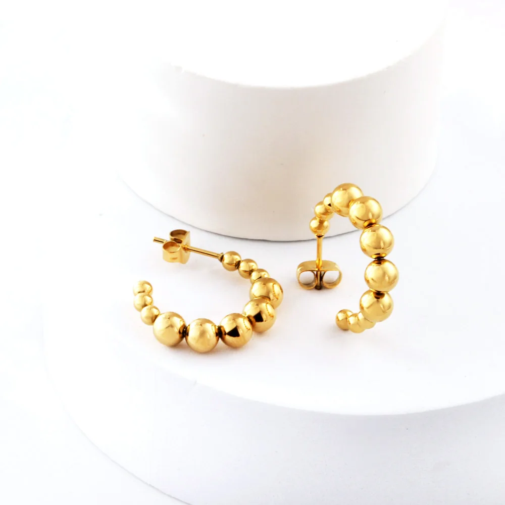 LUXUSTEEL Stylish C Shaped Women Hoop Earrings Golden Plated Stainless Steel Beads Square Rolo Dangle Ear Jewelry Gift for Her