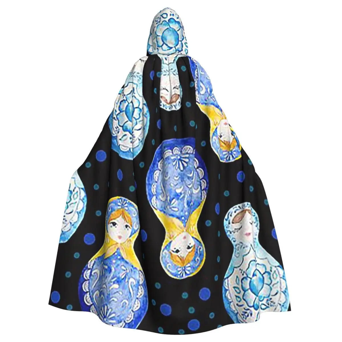 Blue Nesting Dolls Matryoshka Pattern Long Hooded Cloak Witch Medieval Costume Cosplay Cape HalloweenVampire Adult Unisex