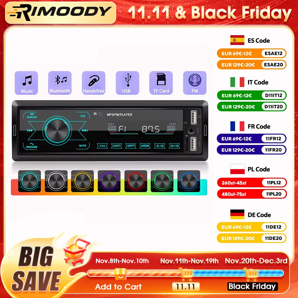 Rimoody 1 DIN In-Dash شاشة تعمل باللمس سيارة مشغل Mp3 12 فولت راديو ستيريو بلوتوث FM USB SD AUX-IN 12 فولت Autoradio مع جهاز التحكم عن بعد