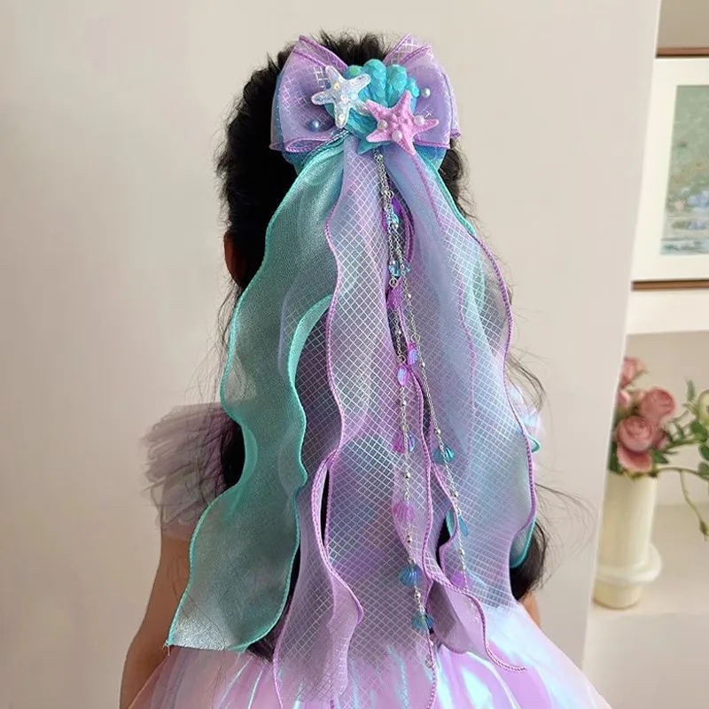 الأميرة نمط حورية البحر الشريط كليب الأطفال الملونة الشريط التدرج اللون اللؤلؤ شرابة الجزء الخلفي من دبوس الشعر اكسسوارات للشعر