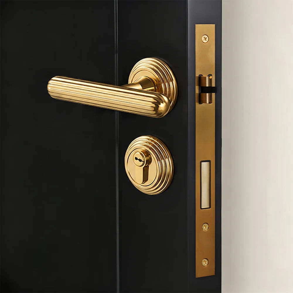 DOOROOM Brass Door Lock Set Solid Brass Striped Design Bedroom Door Locks Passage Locks Dummy Locks