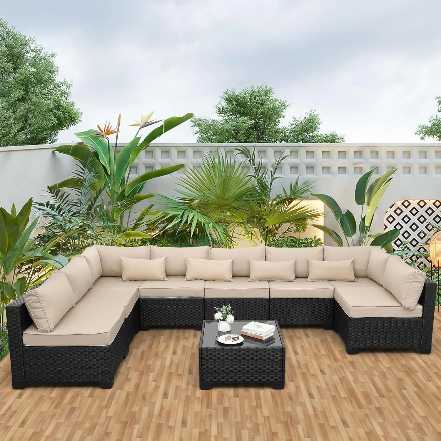 9 Pieces Outdoor Sectional All-Weather Wicker Patio Furniture Set Patio Sectional Glass Patio Table Non-Slip Cushions, Custom