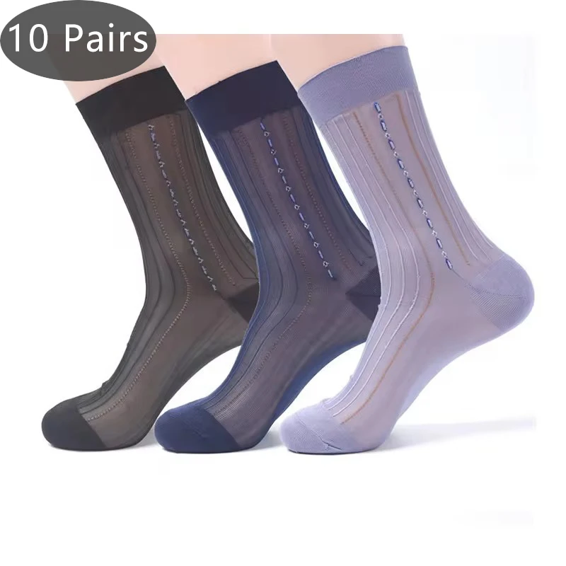 10 Pairs Man Short Silk Socks Nylon Business Vintage Casual Striped Thin Loose Business Party Dress Crew Socks Gentleman