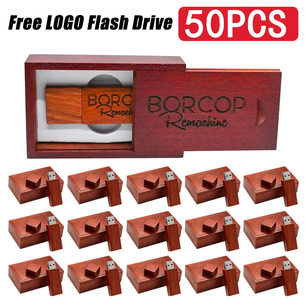 50PCS/Lot Free custom logo Wooden USB 2.0 Flash Drive 128GB Pen drive with box 64GB 32GB 16GB Memory Stick wedding Gift U disk