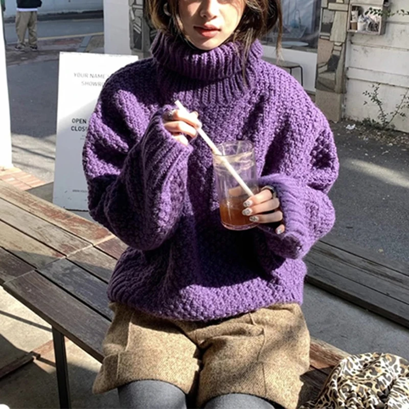 Vintage Turtleneck Sweater Women Harajuku Long Sleeve Knitted Pullovers Winter Aesthetic Pocket Knitwear Korean Casual Jumpers