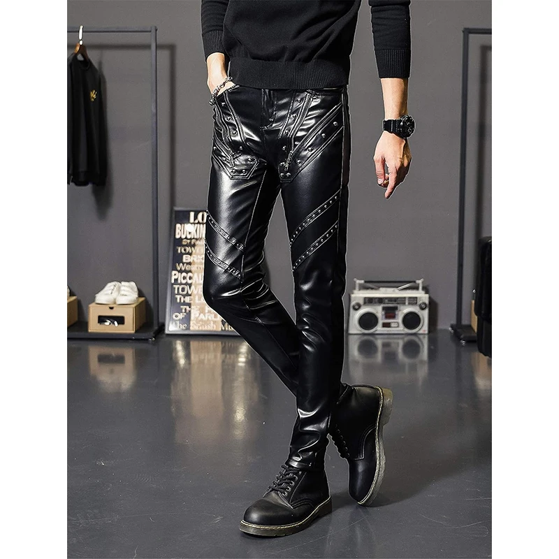 Idopy Men`s Zipper Halloween Steampunk Zippers Pu Motorcycle Party Holiday Stage Performance Punk Faux Leather Pants Jeans