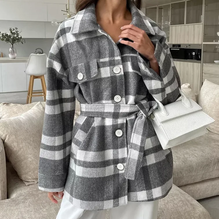 

New plaid loose collared lace up jacket 2026 fashionable women's coat