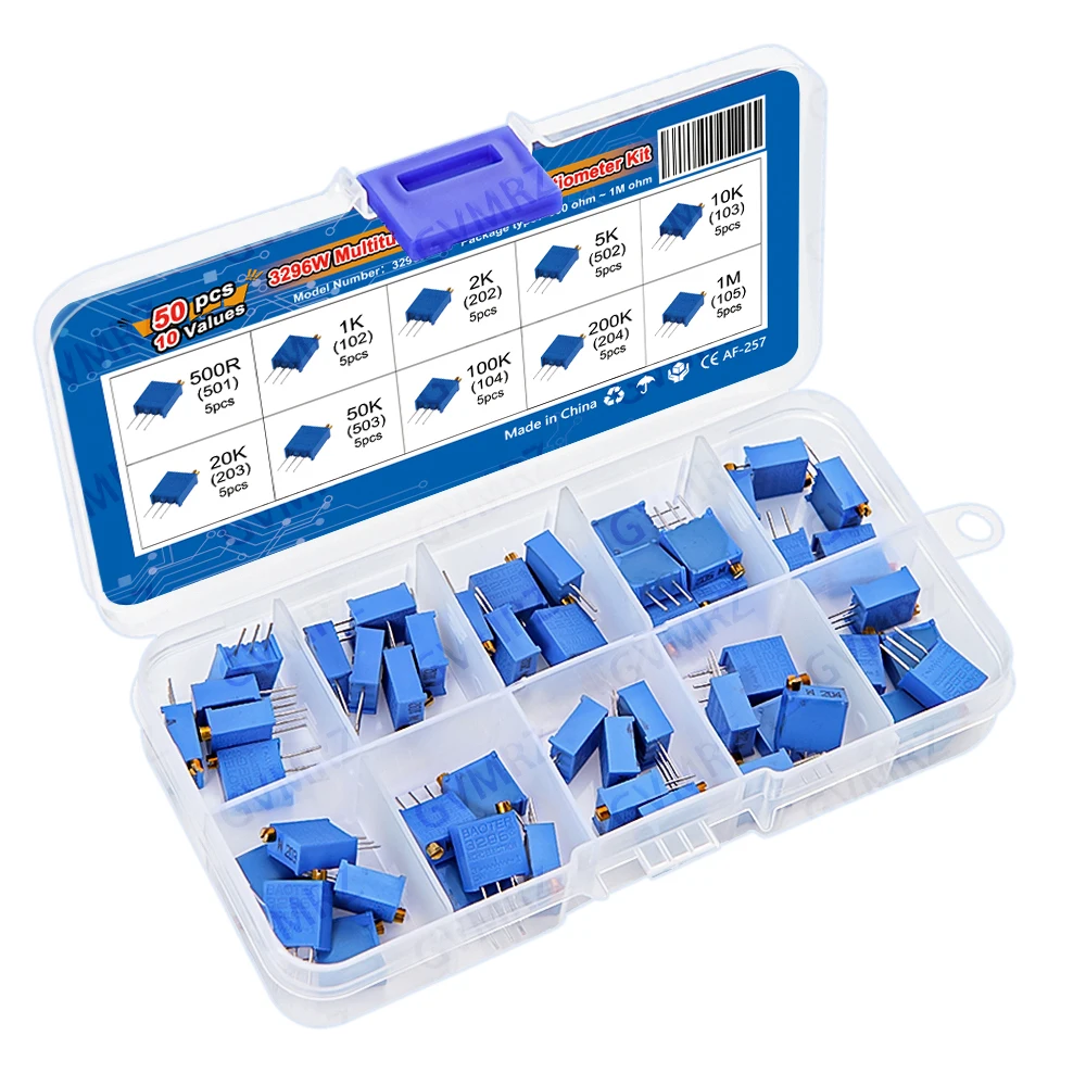 50PCS 10Values 3296W Multiturn Trimmer Potentiometer Kit (500Ω-1MΩ) in Box for  Electronics DIY & Precision Circuit Tuning