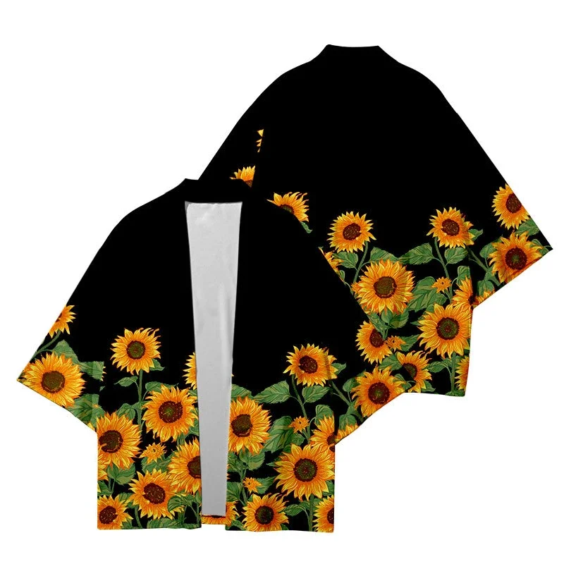 Japanese Sunflower Print Cardigan Kimono Traditional Haori Women Men Harajuku Yukata Shirt Beach Fashion Cosplay Streetwear Tops