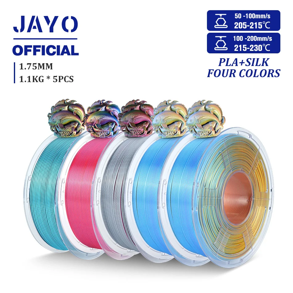 JAYO Zijde PLA + 3D Printer Filament 1.75mm Viervoudige Kleur 5 Rolls Zijde PLA 3D Printer Filament Glanzende Sillk Effect Filament