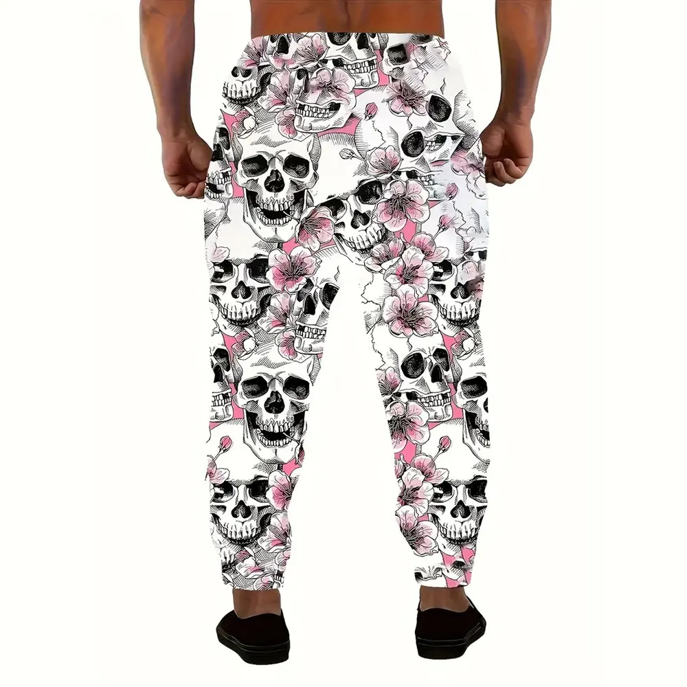 Men's Loose Pocket Drawstring Sports Sweatpants Winter New Thick Thermal Sweatpants Fashion Skull And Floral Print Sweatpants