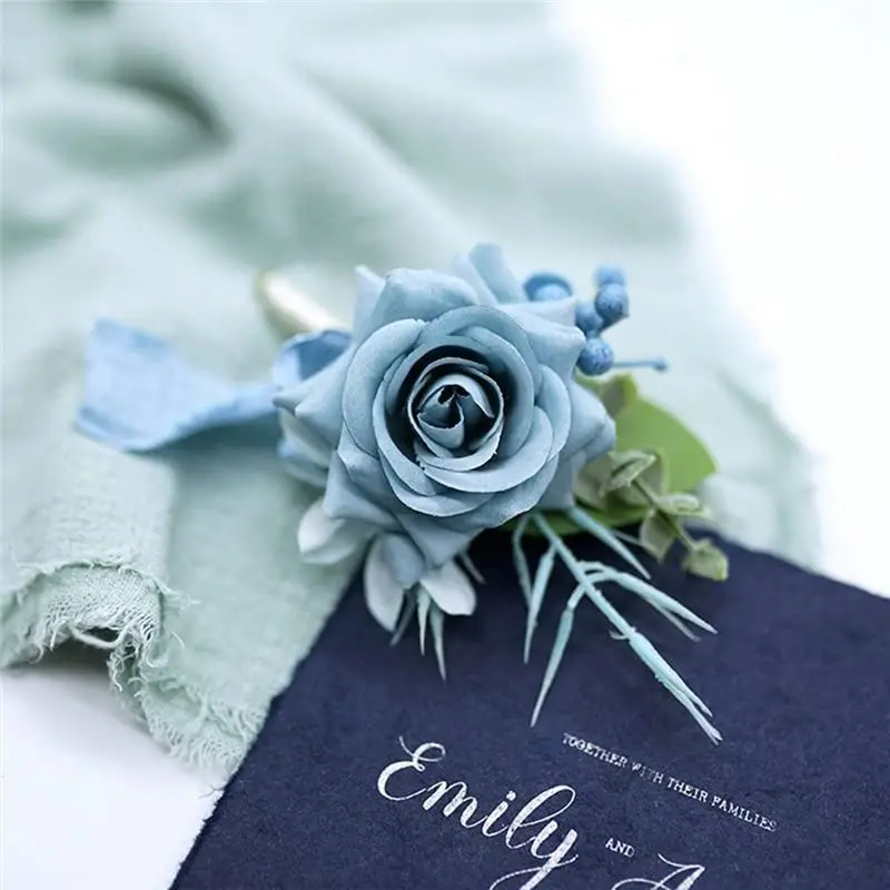 ABZF 2026 4PCS Blue Corsage and Boutonniere Set, Prom Artificial Flower Wrist Corsage Bracelets