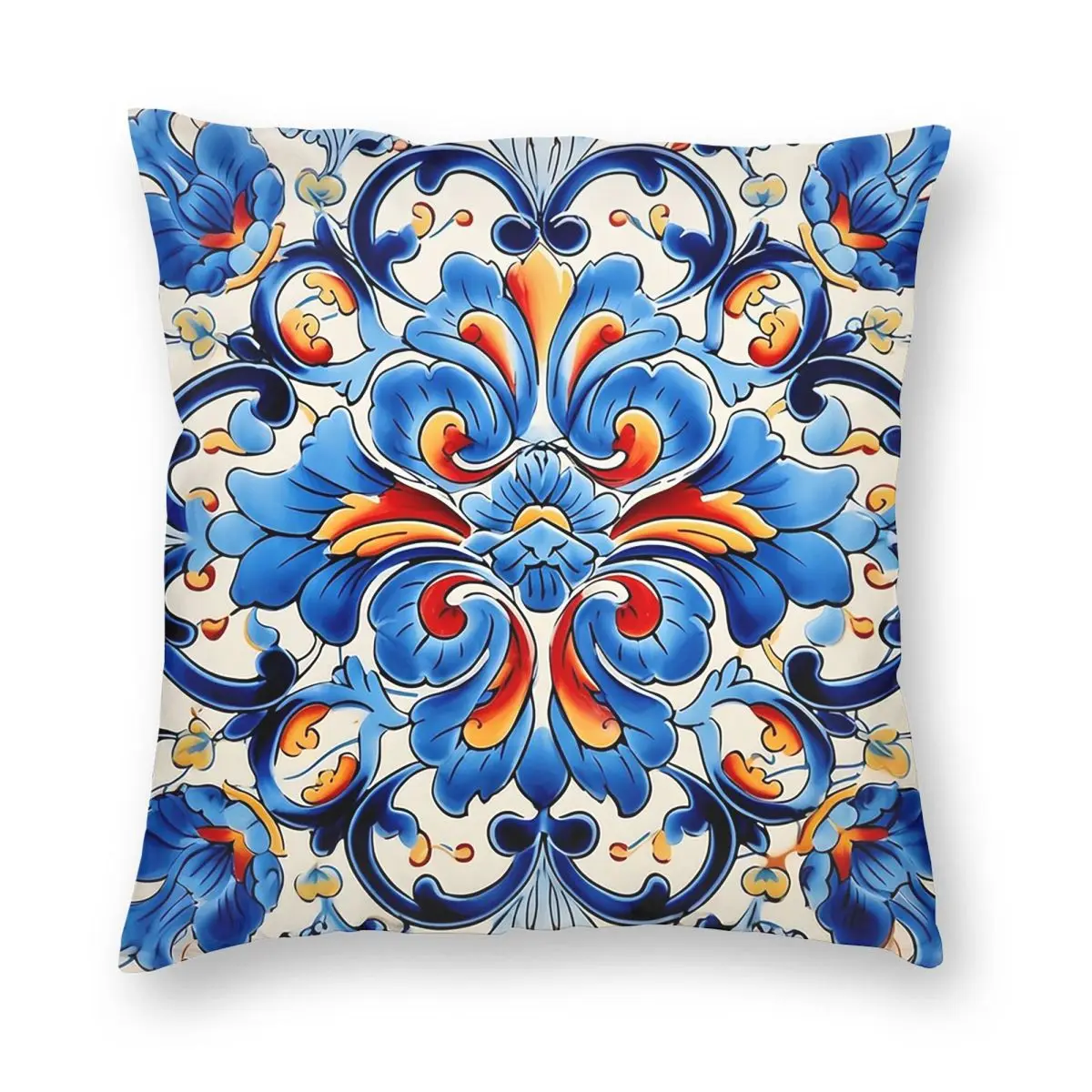 Decorative Spanish Ceramic Tile Print Square Pillowcase Pillow Cover Cushion Throw Pillow for Home Bedroom Car