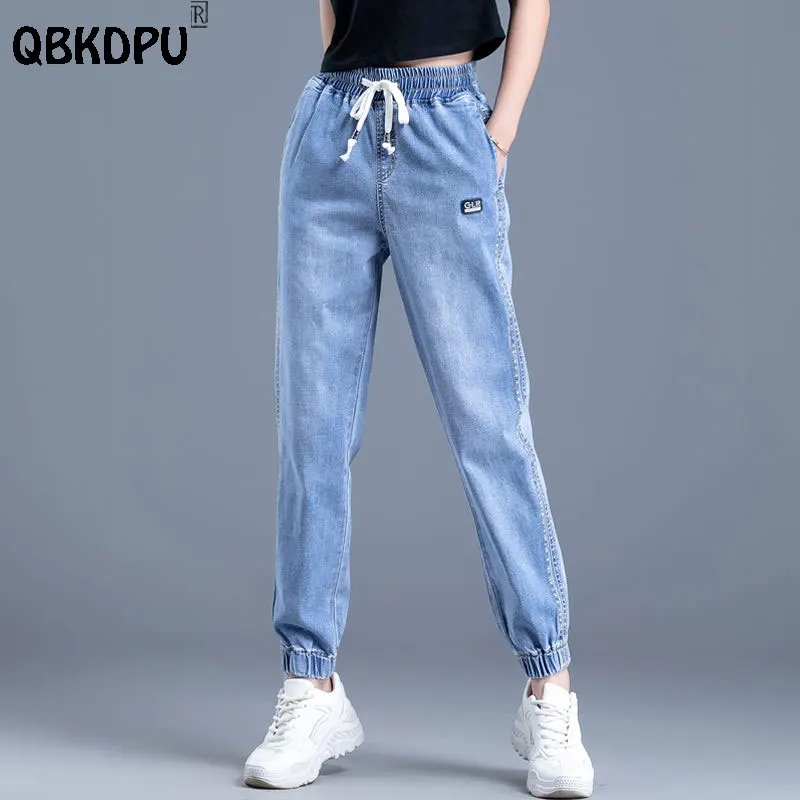 Bạn Trai Dây Rút Quần Baggy Jeans Nữ Dạo Phố Thun Cao Cấp Hậu Cung Quần Jean Size Lớn 34 Xanh Dương Duy Băng Denim Quần