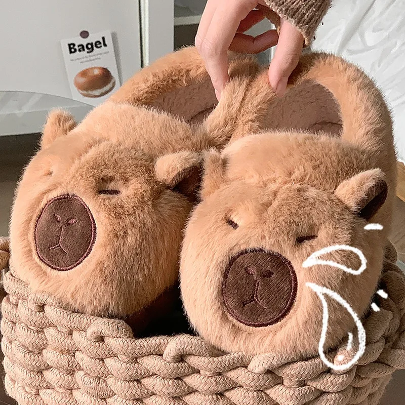 Capybara Children Cotton Slippers Winter Cute Indoor Home Plush Slippers Anti-slip Boy Girls Fur Shoes with Heels Cover