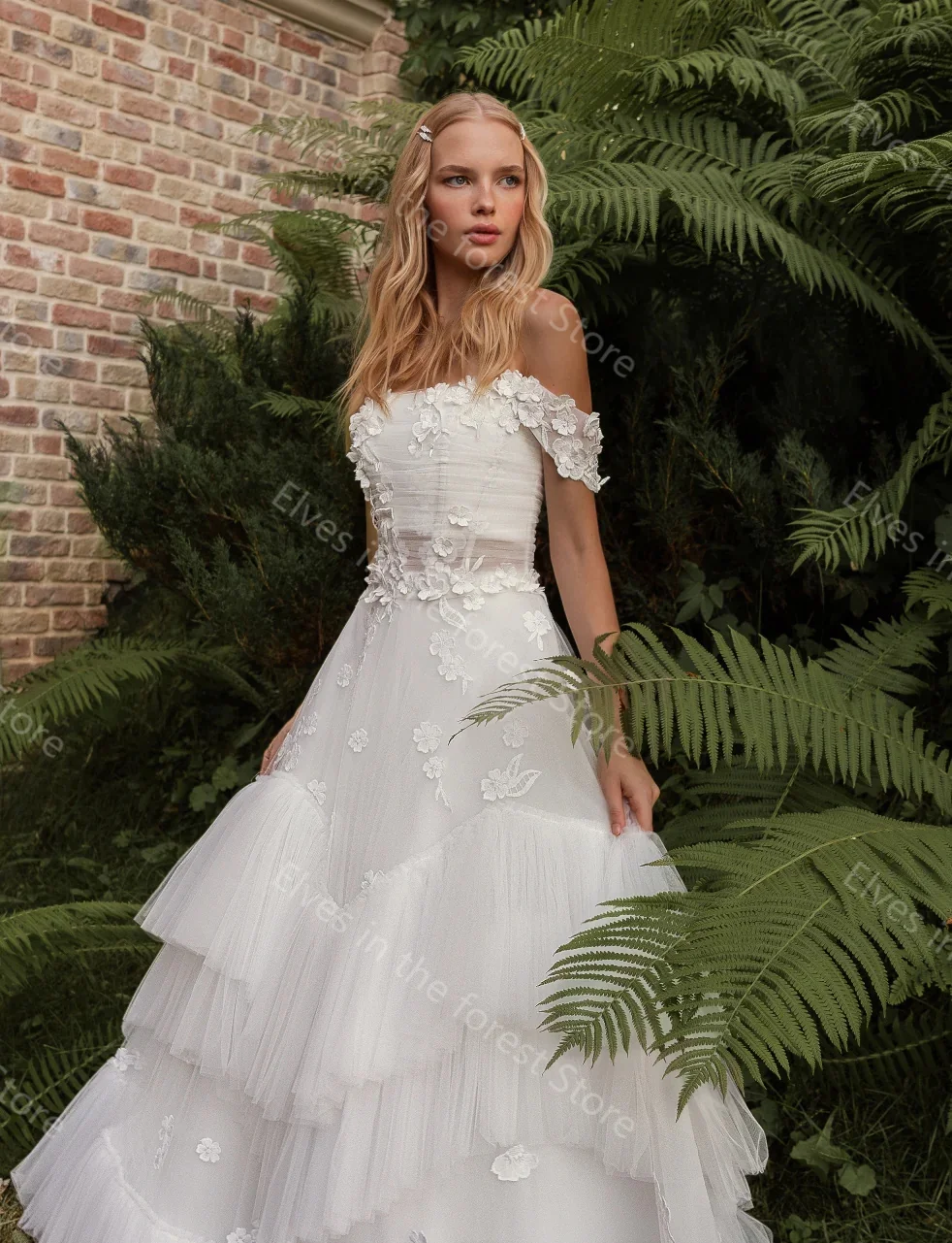 Charming White Wedding Dresses Off Shoulder Floral Appliques Bridal Gowns Puffy Tiered Ruffles Customized Vestidos De Mariee