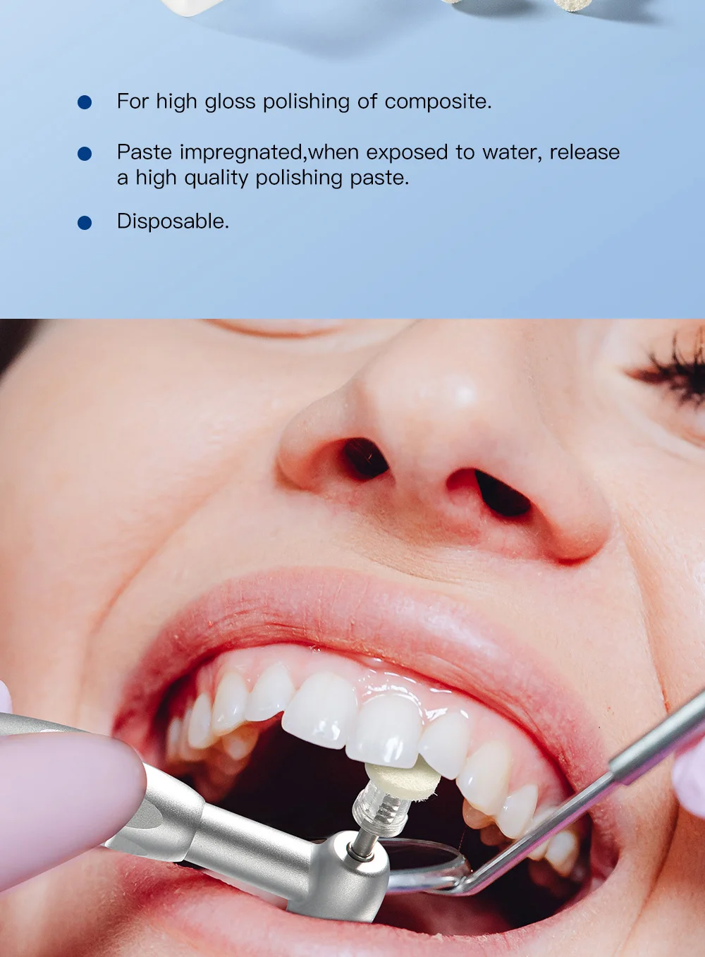 50 Stück/Box AZDENT Dental-Komposit-Polierscheiben, mit Paste imprägnierte Filzräder, 50 Scheiben, 1 Stück CA-Dorn, Einweg-Polierer – Detail 3