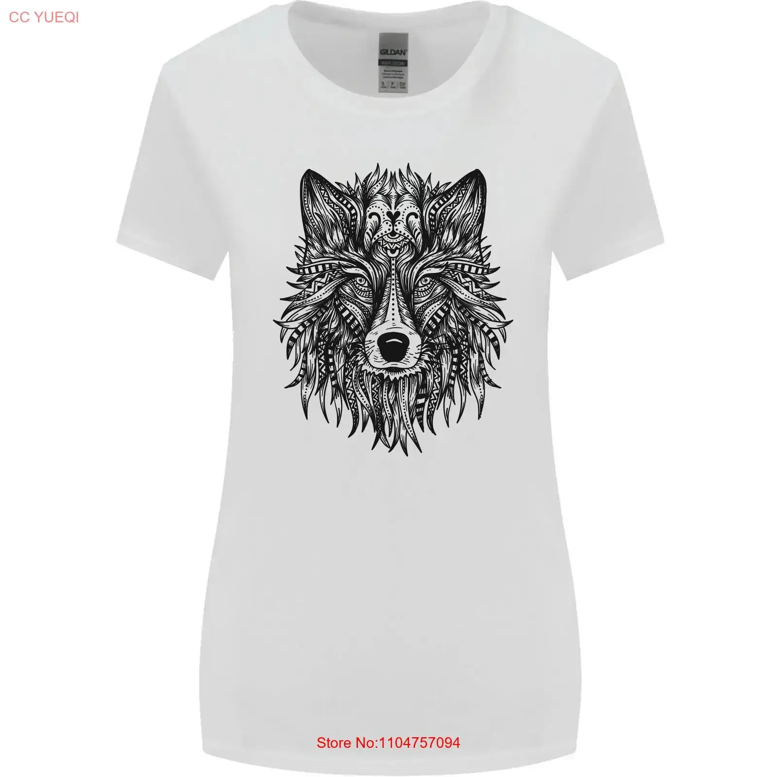 Mandala Tribal Wolf Tattoo Womens Wider Cut T Shirt vintage Washed Stretched graphic Versatile streetwear designer clothes