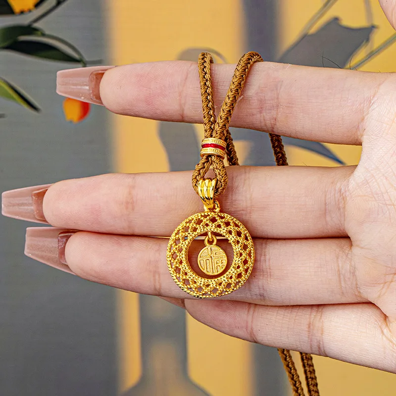 Vintage Hollow Fu Character Necklace Women's 24K Gold AU999 - Matte retro texture, for Chinese outfits