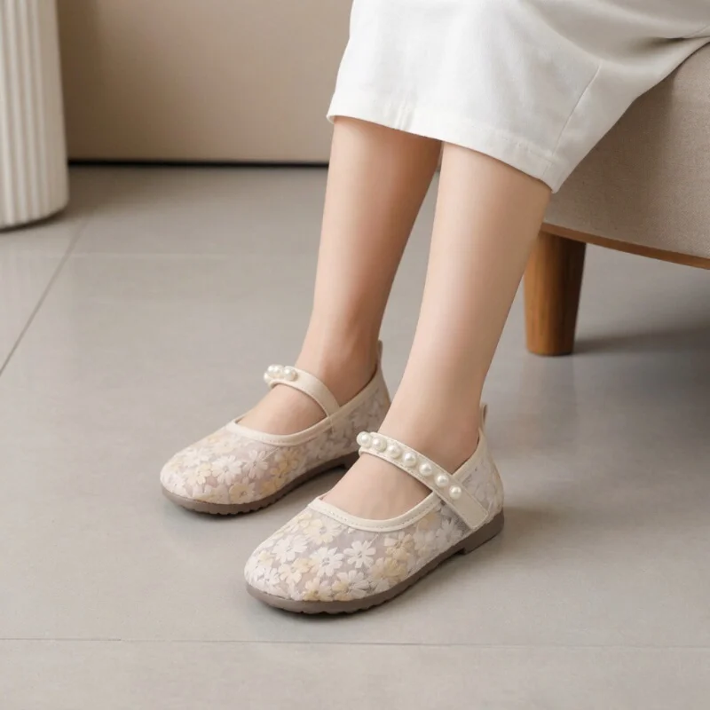Spring Summer Mary Jane Girls Net Shoes Breathable Embroidery Princess Style Shoes Soft-soled Loafer