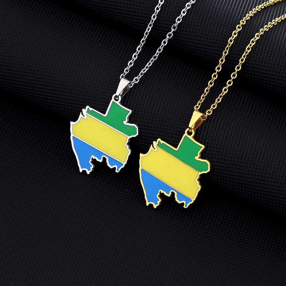 Collar con colgante de bandera y mapa de Gabón de acero inoxidable, cadena de clavícula con temperamento, regalo de cumpleaños, novedad de 2024
