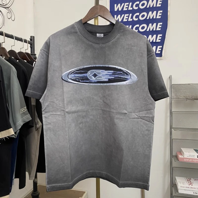 

American Fashion T-shirt Graffiti Lettering Printed Wash Do Old Cotton Short Sleeve Summer Loose High Street Hip Hop Top Tee