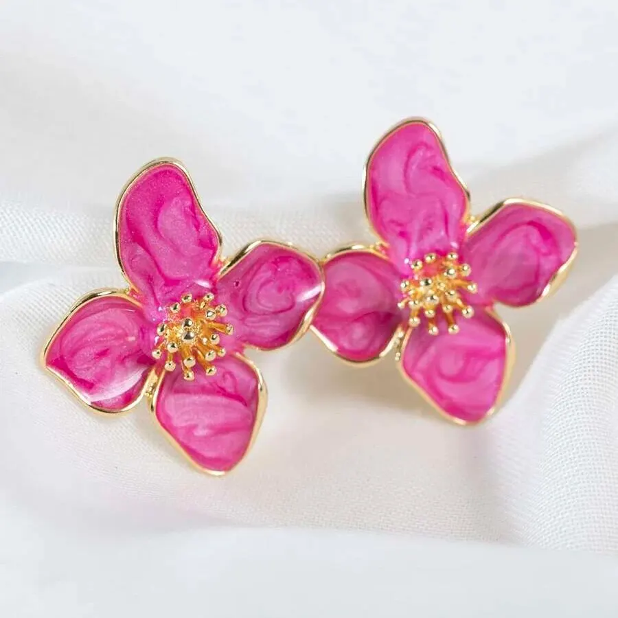 Obega Fuchsia Epoxy Flower Earrings Stud Korean Flowers Women Earring Post Spring Summer New Trendy Girls Cute Jewelrys